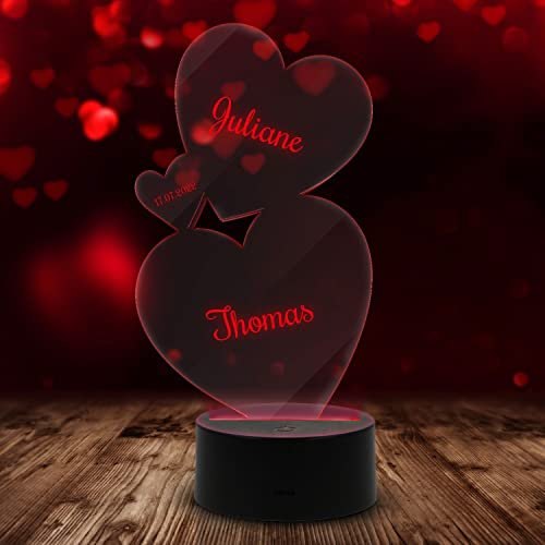 GRAVURZEILE Graviertes Acrylglas mit LED-Sockel - Drei Herzen Design - Personalisiert mit Namen - inkl. LED-Sockel mit 7 Farben - Geschenk für Freund Freundin zum Valentinstag - für Sie & Ihn