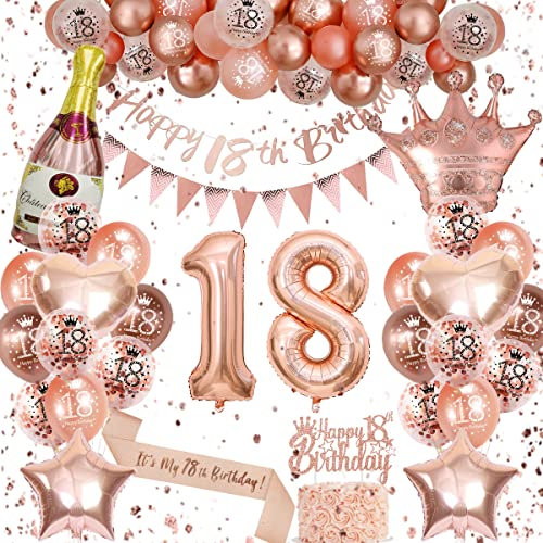 Palloncini 18 Anni Compleanno Donna, Oro Rosa Decorazioni Compleanno 18 anni, Striscione di Happy 18th Birthday, Palloncini Numero 18, Palloncino in Lamina Decorazioni per Feste di Compleanno