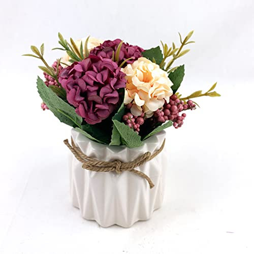 Heyiwell Künstliche Mini-Hortensien, 14,5 cm, mit Keramikvase, künstliche echte Hortensien, Blumenarrangement im Topf für Tisch, Heimbüro, Dekoration (rot)