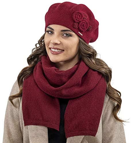 VIVISENCE Elegantes Damen Winter Set Aus Baskenmütze Und Langem Schal Aus Wärmendem Wollgarn Perfekte Passform Für Kalte Wintertage Ideal Für Elegante Und Sportliche Outfits, Weinrot,Einheitsgröße