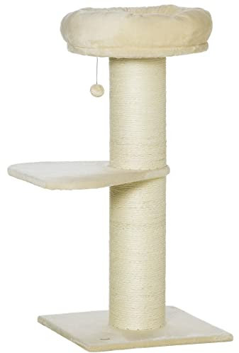 PawHut Arbre à Chat griffoir sisal Naturel 2 Plateforme Panier Observation Jeu Boule Suspendue Peluche Beige