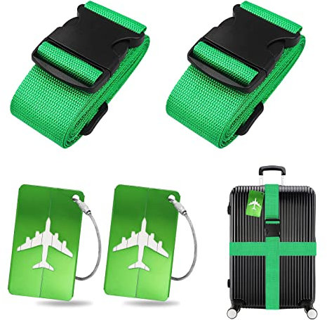 Koffergurt Kofferanhänger Set, 2 Stück gepäckband mit 2 Stück Gepäckanhänger Set, Kofferband Gurt Personalisierte Identifikation für Schnell erkennen Gepäck Reisetasche Koffer (Dunkelgrün)