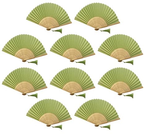 FANSOF.FANS Pack of 10 Fabric Handheld Fan with a Tassel Grade A Bamboo Ribs Party wedding Favour (Pale Sage Green)