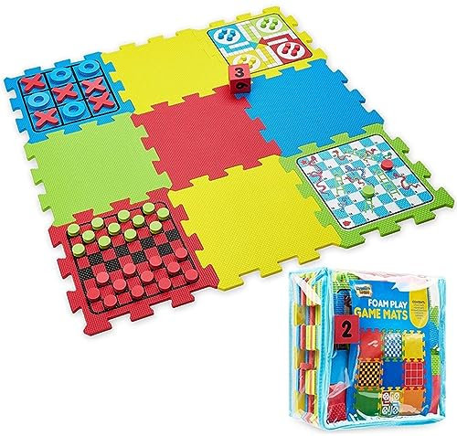 9 x Foam Play Mat Tiles with Games – Snakes & Ladders, Ludo, Draughts & Noughts & Crosses – Interlocking EVA Floor Mats for Kids Age 3+ Soft, Padded & Non-Toxic – Indoor & Outdoor Use