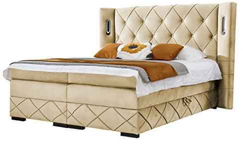 Mirjan24 Boxspringbett Fazzle Lux mit 2 Bettkästen, Polsterbett, Doppelbett, Bettgestell, Amerikanisches Continentalbett, Bett mit Polsterkopfteil, Matratze und Topper (Kameleon 04, 200 x 200 cm)