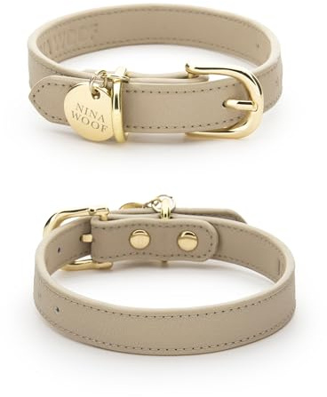 Nina Woof Copenhagen Collar de Piel para Perro, Hecho a Mano con Piel Vegana Suave, Redondo, Acolchado, con Hebilla Ajustable, para Perros extrapequeños, pequeños, medianos y Grandes, Color Beis