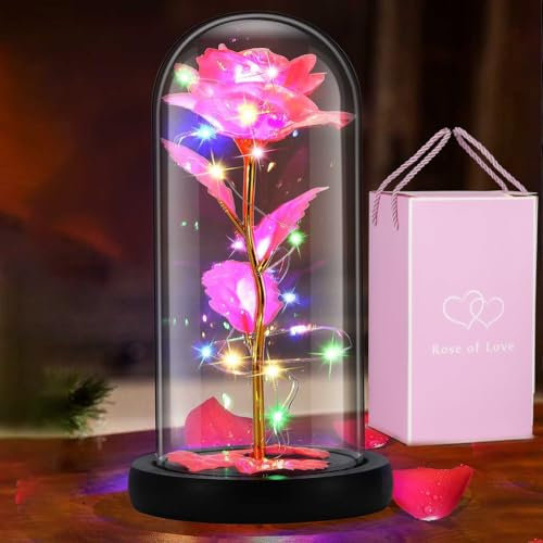 bestyks Rose Lampe aus simuliertem Blattgold, Deckel aus Glas, LED-Lichterkette, Dekoration, Laterne, Sockel aus Kunststoff, Einzigartiges Geschenk für Frauen.