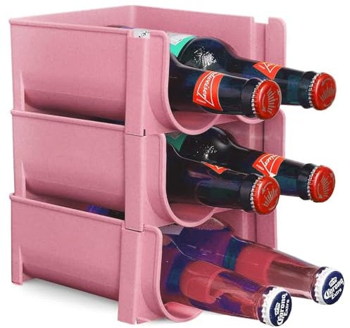 Albert Austin 3x Stackable Beer Bottle Rack Water Bottle Organiser Refrigerator Plastic Bottle Storage Organiser Beer Soda Can Wine Rack For Tabletop Fridge And Kitchen Countertop (Pink)