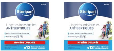 Steripan - Lingettes Individuelles Antiseptiques - Action Bactéricide/Fongicide - Sans Rinçage - x12 Sachets Individuels (Lot de 2)