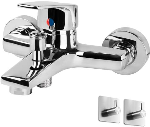 Badewannenarmatur Einhand Wannenmischer Aufputz Wannenarmatur Badewanne Wasserhahn für Badezimmer Brausearmaturen Messing Wannenbatterie Duscharmatur mit Umsteller (Chrom+Haken)-No Handbrause