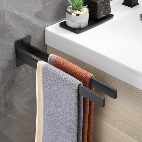 Gsocel Portasciugamani Forare in Acciaio Inossidabile,Porta Salviette Bagno Doppio Porta Asciugamani per Bagno e Cucina 38CM,Nero