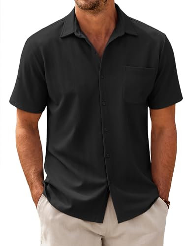 COOFANDY Herren Hemd Kurzarm Business Hemden mit Tasche Freizeihemd Casual Sommerhemd Fischgrätmuster Regular Fit Shirt Schwarz M
