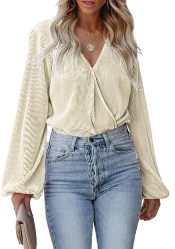 CUPSHE Damen Blusen V-Ausschnitt Wickeloptik Plissee Oberteile Langarmshirt Falten Tunika Wickelbluse Tops Weiß M