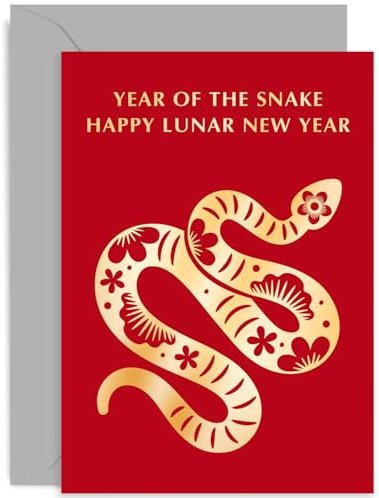 Elegant Happy Lunar nyårskort för familj och vänner – ormens år gott nytt årskort – kinesiskt stjärntecken djur gratulationskort – guldfolie röd 2025 kinesiskt nyårskort