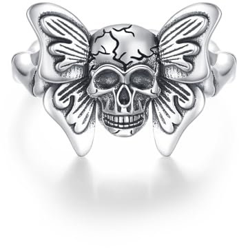Totenkopf Ring für Damen 925 Sterling Silber Schmetterlings Ring Gothic Schmuck Totenkopf Schmuck für Herren Damen Offen und Verstellbar