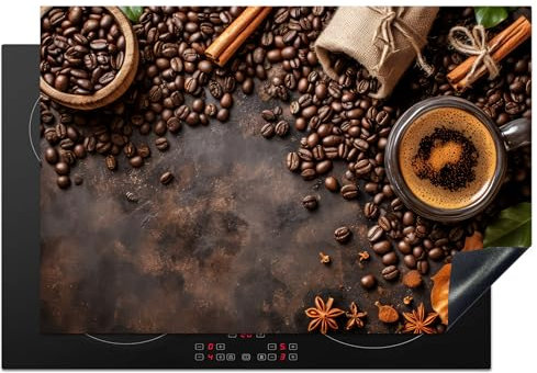 KitchenYeah© Herdabdeckplatte Einteilig Abdeckplatten Cerankochfeld Abdeckung Ceranfeld Herdplattenabdeckung Induktionsmatte Kaffee - Küche - Kaffeebohnen - Blätter - 76x51 cm