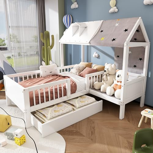 Dolamaní Baby Kinder Bett 90x200 cm Bodentief mit Rausfallschutz, Bodenbett Haus mit Dach Weiß, Hausbett mit Schubladen und Zeltstoff, Jugendzimmer Kinderbett für Mädchen Jungen, Holzbett