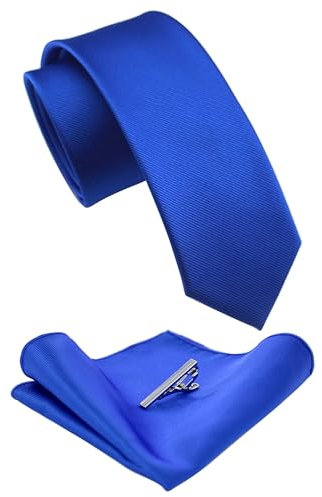 JEMYGINS Schmale Herren Krawatte und Einstecktuch krawattenklammer Krawatte Set 6cm Königsblau