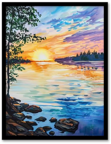 Artery8 Sunset on Calm Lake Oil Painting Tranquil Peace Living Room Art Print Framed Poster Wall Decor 12x16 inch