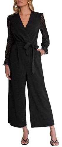 CUPSHE Damen Jumpsuit Wickeloptik V-Ausschnitt Overall Transparent Langarm Weites Bein Playsuit Elegant Büro Hosenanzug Schwarz XL