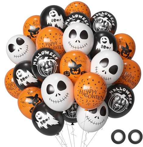 Halloween Luftballons Orange Schwarz Weiß 50 Stück 12 zoll Sipeayan Latex Ballons Halloween Deko Innen Helium Luftballons Bedruckt mit Kürbis Geist Totenköpfen HAPPY HALLOWEEN