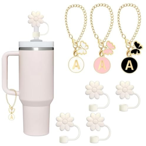 CIELOAZUL Compatible with Stanley Cup Accessories, 3PCS Butterfly Letter Charms with 4PCS 10mm Stanley Straw Cover Cap for Stanley Cup 30&40 Oz, Silicone Stanley Straw Toppers for Stanley Tumbler (A)