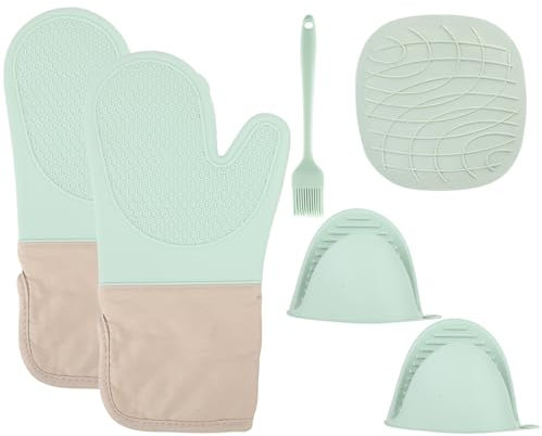 Set de 6 Gants de Four en Silicone Vert Menthe – Maniques Cuisine Résistantes à la Chaleur – Gants Anti-Brûlure pour Cuisson, Pâtisserie et Grillade, Idéaux pour Cuisine Pratique et Stylée