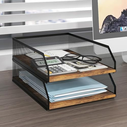 PUNCIA 2-Tier Stackable Paper Tray, Metal Mesh Desktop Organizer, Wood Board Paper Sorter, Letter Trays,File Document Storage Rack for for Home, Office, School (Retro)