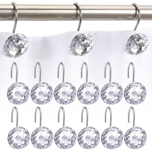 12 Piezas Anillos de Cortina de Ducha Acero Inoxidable, Gancho de acrílico transparente con piedras preciosas, Anillos de Metal Resistentes para Barra de Ducha, Baños, Ventanas