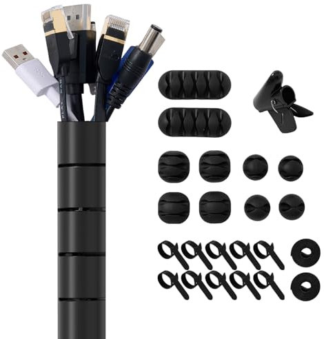 Garrulo Guaina Cavi Elettrici, Φ 28mm Raccogli Cavi Scrivania, Copri Fili Elettrici con 10* Portacavi in ​​Silicone+10* Fascette +2* Nastro Autoadesivo da 1M+1* Clip Guidafilo, Nero