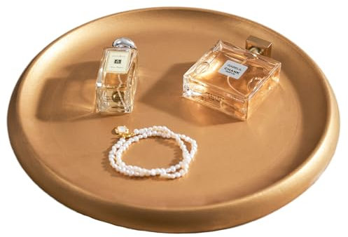 DN DECONATION Deko Tablett Rund Gold Dekotablett aus Holz 35,6 cm Serviertablett Dekotablett Kerzentablett Tischdeko Schmuckablage Tablett für Couchtisch Badezimmer Wohnzimmer