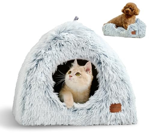 CATISM Katzenhöhle Katzenbett Katzenhaus Kuschelhöhle 45x45cm, 2 in 1 Faltbar Waschbar Bequemer Katzenschlafplatz für Katzen Kätzchen Welpen mit Abnehmbarem Katzenkopfkissen (Grau)