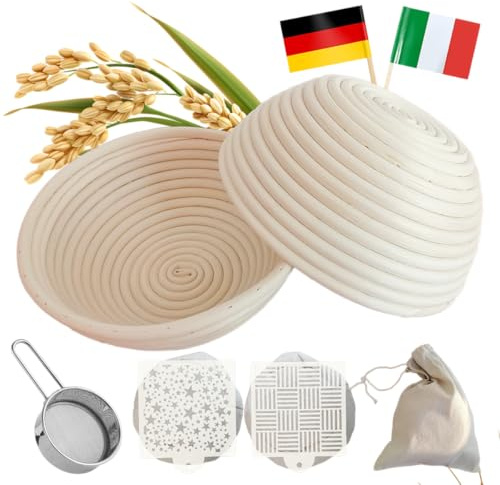 NATTARATTAN Gärkörbe mit Haube rund Ø20cm Duo-Set, Gärkörbchen aus Rattan inkl. Leineneinlage, Brotschablonen, Mehlsieb und Anleitung; Banneton Set