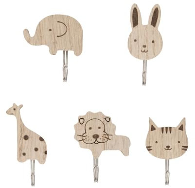 Kids Coat Hooks,5Pcs Wooden Animal Wall Hooks,Self Adhesive Cats,Lions,Rabbits, Giraffes,Elephant Shape Wood Natural Hook Animal Theme Decorations Hanging Hooks for Kids Room, Nursery, Bedroom Decor