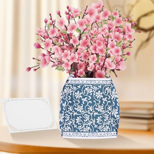 AOOTE Pop up biglietto Sakura, Elegante Bouquet Pop-Up di Sakura con Vaso Blu e Bianco e Busta, Biglietto di Compleanno per Genitori, Amici e Innamorati con Busta