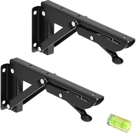 2 Piezas Estante Plegable Pesado, Bisagras Mesa Plegable Inoxidable, 200mm Soporte Estantería Plegable con Spirit Level, Ahorrar Espacio,Escuadras Abatibles para Escritorio Triangular, Banco y Mesa