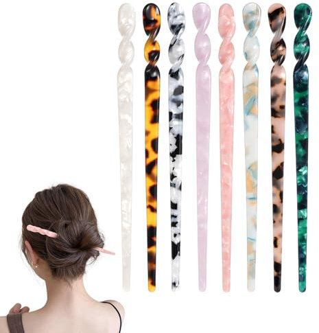 8 Pack Hair Chopsticks, Chinese Hair Stick Pin with Vintage Leopard Print for Women with Thick, Long, buns, Hairs (Multi-colored)