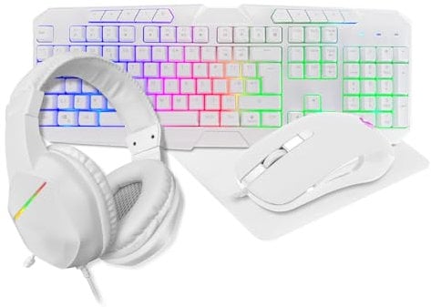 CiT Raptor 4-in-1 Gaming Kit, Wired Keyboard (UK Layout) & Mouse with Headset and Mouse Pad, Rainbow RGB LED Backlit, Multimedia Keys, 2400 DPI, Rainbow RGB LED Gaming Bundle For Windows | White