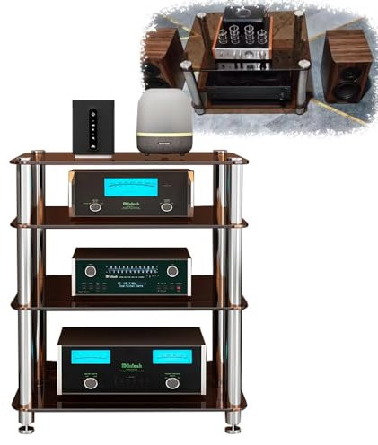 Supporto per Mobile Stereo Brown Media - Rack AV in Vetro temperato a 4 Livelli per Giradischi, Lettori Dvd, Console di Gioco, Centro di intrattenimento - Elegante ripiano per componenti AUD