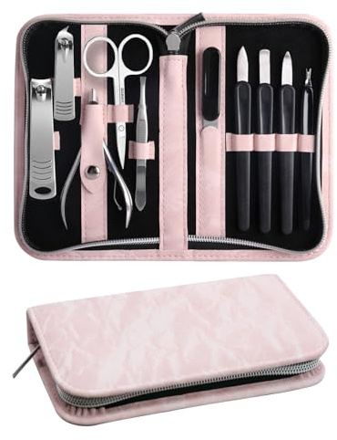 Manicure Set 10pcs Professional Nail Clippers Kit Pedicure Care Tools-Stainless Steel Grooming Tools for Travel-Pink