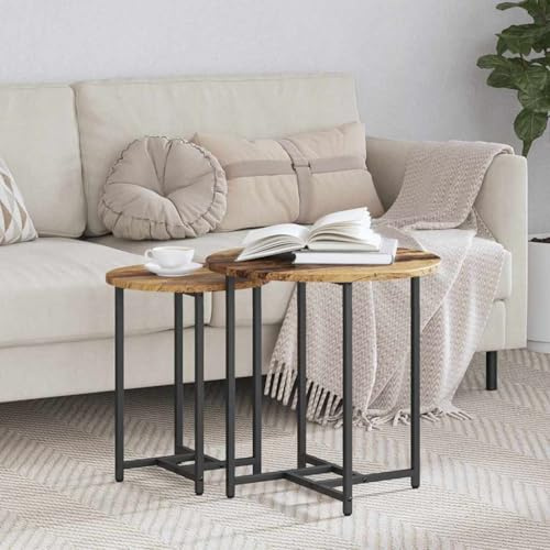 QUAHEAS Lot de 2 tables basses rondes en bois vintage et métal robuste, idéales pour le salon et la chambre à coucher, design élégant