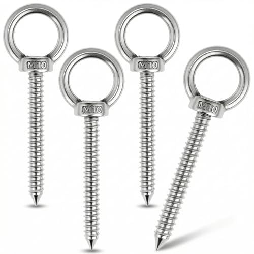 QWORK® Confezione da 4 ganci ad occhiello resistenti, M10 x 80 mm, autofilettanti - Acciaio inossidabile 304