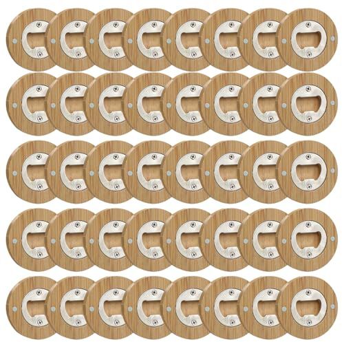Magnetic Bottle Opener for Fridge 40Pcs Round Wooden Bottle Opener Magnet Space-Saving Beer Opening Tool for Bar, Club, Household