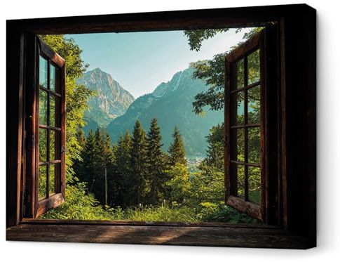 Panorama Quadro Moderno su Tela per Decorazioni Casa - Finestra Bosco 90x60 cm - Stampe di Design da Parete per Soggiorno - Camera da Letto e Cucina - Idea Regalo Originale