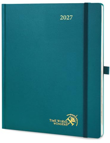 POPRUN Kalender 2027 Wochenplaner Vertikal ca.A4(25,9 x 21,2cm) Hardcover | 12-Monate-Terminplaner(Jan.2027-Dez.2027),1 Woche 2 Seite Buchkalender mit 100 GSM Papier für Büro, Studium(Pazifikgrün)