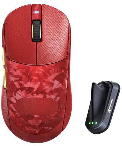 ATTACK SHARK RS3 Ultra Kabellose Gaming Maus, PAW3955MAX Sensor, Nordic 54L15 Chip, Kohlefaser, 8K Polling, 52K DPI, Ultraleicht 63g, BT/2.4G/Kabelgebunden, Ergonomische PC Maus für Esports, Rot