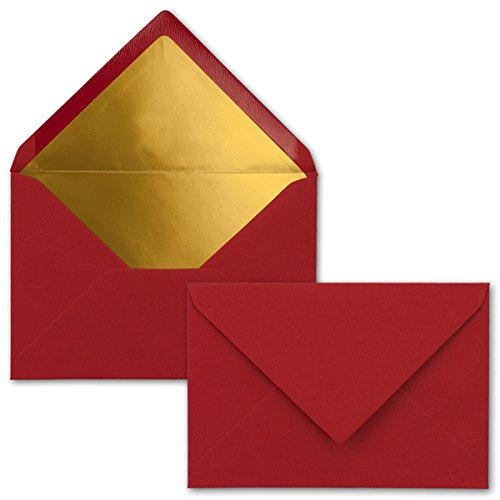 Kuverts Dunkelrot - 50 Stück - Brief-Umschläge DIN C6-114 x 162 mm - 11,4 x 16,2 cm - Naßklebung - matte Oberfläche & Gold-Metallic Fütterung - ohne Fenster - für Einladungen