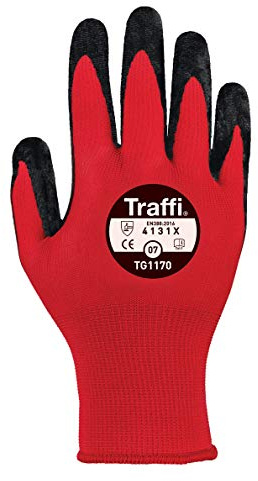 Traffi TG1170 PPE Code Red Safety Glove (Cut Protection Level - Low) Comfortable, Breathable Nitrile Coated Work Gloves for Wet or Dry Conditions