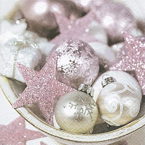 Lot de 20 serviettes de table - En papier - Motif étoiles et boules de Noël - Coloris rose et argenté - 33 x 33 cm