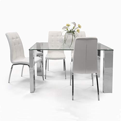 Homely | Conjunto Comedor Karina II | Mesa + 4 Sillas de Polipiel | Mesa Cristal y Acero Pulido | Sillas Acolchadas y Ergonómicas | Patas Acero Cromado | Color Blanco | Medidas 140x90 cm
